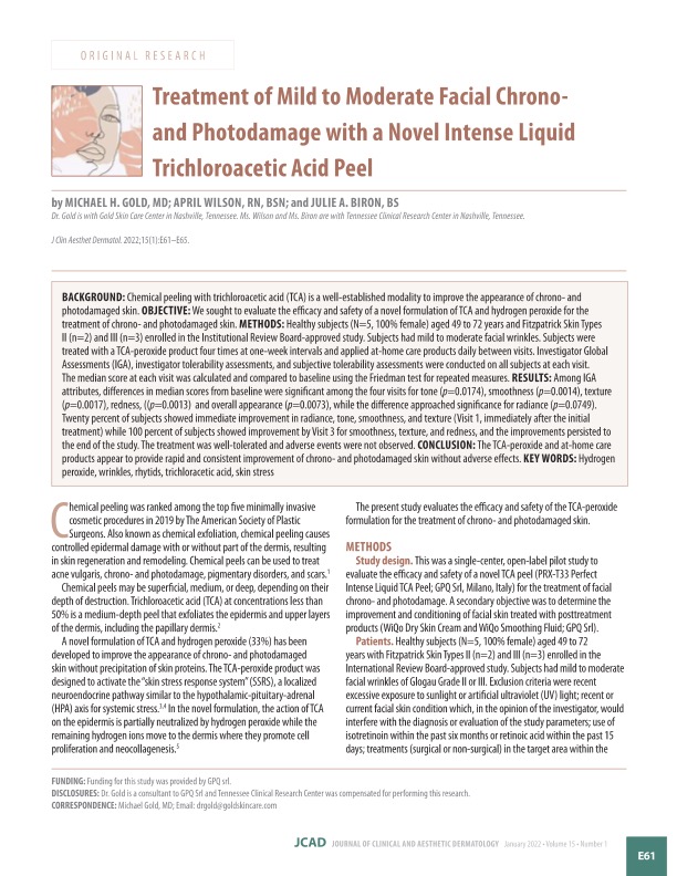Treatment of Mild to Moderate Facial Chrono and Photodamage with a Novel Intense Liquid Trichloraectic Acid Peel