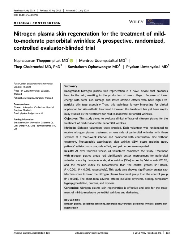 Nitrogen plasma skin regeneration for the treatment of mild-to-moderate periorbital wrinkles: A prospective, randomized, controlled evaluator-binded trial.